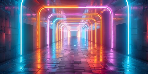 a captivating neon lit hallway that serves as the entrance to a vibrant arcade The passage is...