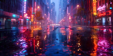 Neon Lit Cityscapes Shimmering Under the Rainfall s Embrace A Captivating Canvas of Urban Reflective Beauty