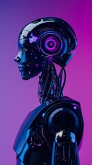 Sophisticated artificial intelligence robot with sleek metallic body operating in a modern laboratory on a vivid gradient backdrop