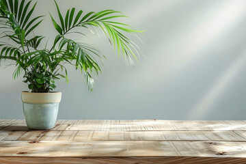 Potted plant on wooden table in front of wall with sunlight in cozy home interior
