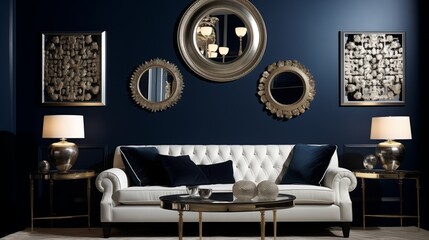 Artistic wall art and decorative mirrors enhancing the ambiance of the room, reflecting the timeless elegance of the white sofa against the navy blue wall.