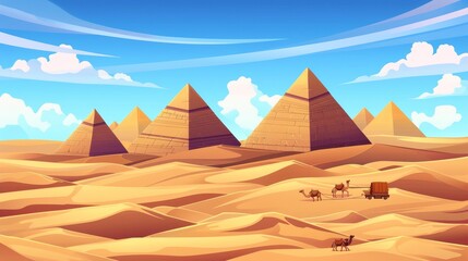 An Egyptian pyramid scene with camels on sand dunes. Parallax background with scrolling animation. Modern cartoon illustration of Egyptian pyramids with caravans.