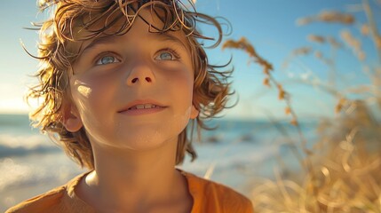 An outdoor shot of a boy in casual, beach-friendly attire, his demeanor carefree and joyful, with the ocean behind him