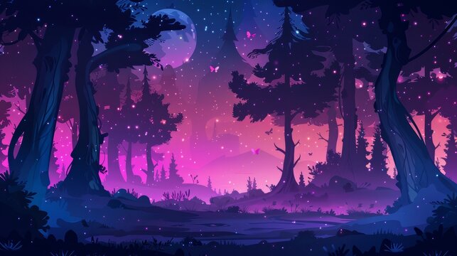 The background of this illustration has a parallax effect and depicts a night forest with a mysterious wood with a moonlight glow and flying fireflies. It represents a cartoon game scene with