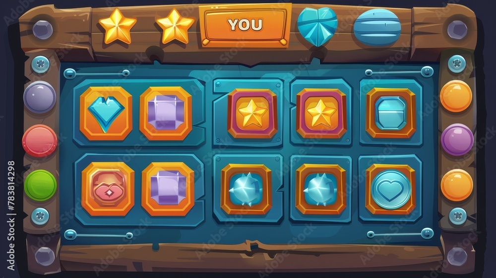 Poster the game menu has a win and lose gamer ui panel with buttons. there are gui elements such as stars a