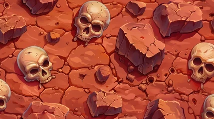 Poster Game textures cracked soil, deserted red martian land, dead earth with human skulls seamless patterns. Cartoon textured abandoned dirt surface 3D backgrounds. © Mark
