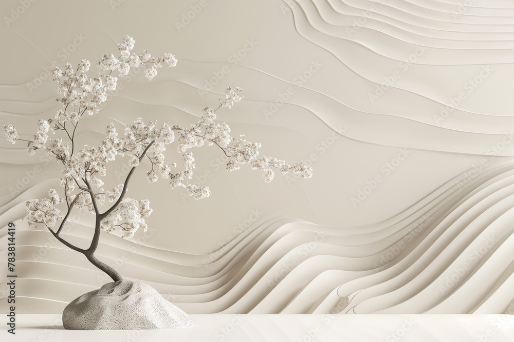 Poster an elegant blossom branch in a vase and a minimalist 3d pattern in the background. created with gene