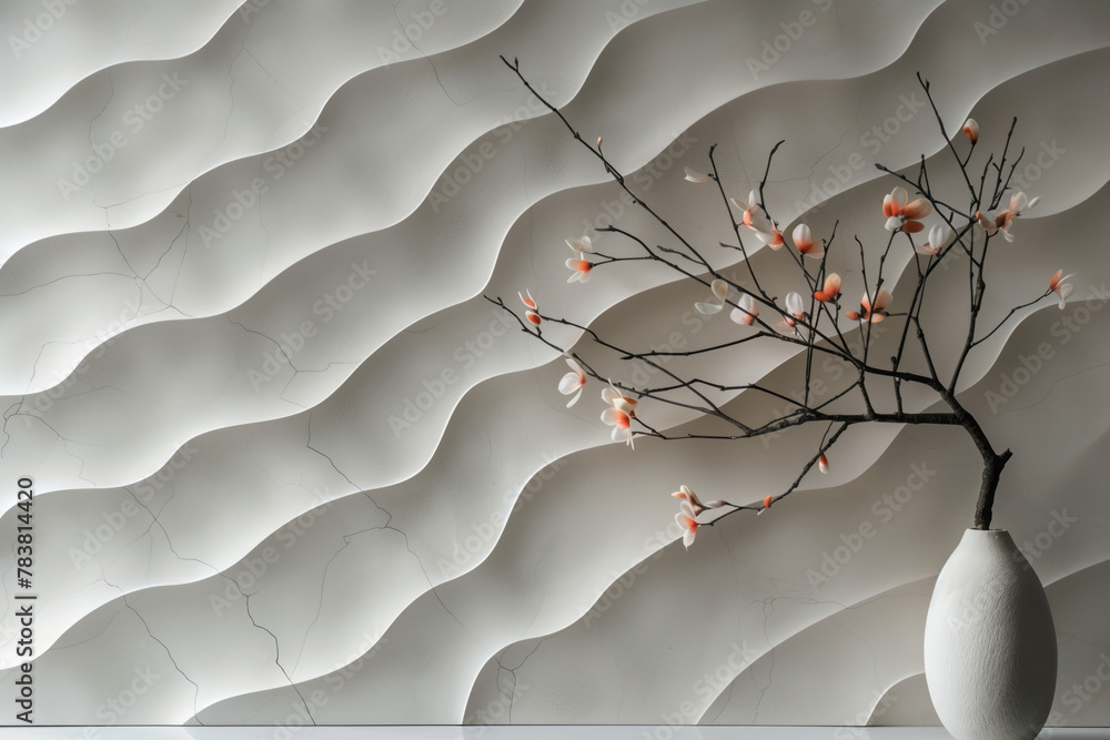 Poster an elegant blossom branch in a vase and a minimalist 3d pattern in the background. created with gene