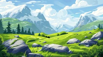 Plexiglas foto achterwand A summer landscape with grass, stones, snow rocks on the skyline and clouds in the sky is depicted in this modern cartoon illustration of green meadows with white mountains on the horizon. © Mark