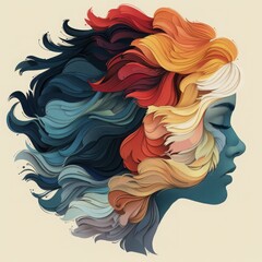 woman head, paper illustration, multi dimensional colorful paper cut craft  - 783814441