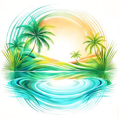 Fototapeta na wymiar A beautiful tropical scene with a body of water, likely an ocean, surrounded by palm trees. The water appears to be blue, and the palm trees are lush and green.