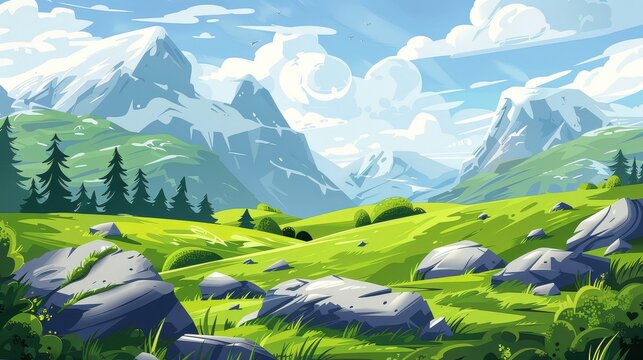 A summer landscape with grass, stones, snow rocks on the skyline and clouds in the sky is depicted in this modern cartoon illustration of green meadows with white mountains on the horizon.
