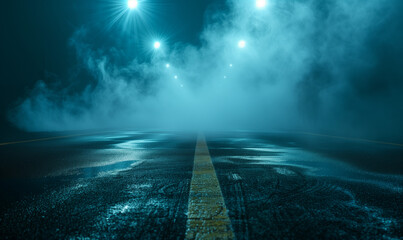 The view of a dark street, shrouded in fog and smoke, neon lights and spotlights add a mysterious atmosphere.
