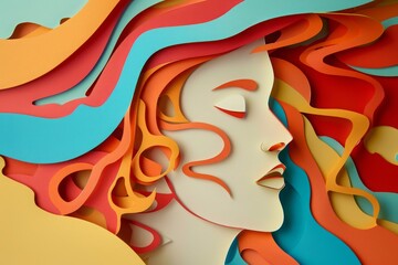 woman head, paper illustration, multi dimensional colorful paper cut craft  - 783814654