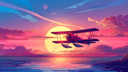 A red plane flies over the sea at sunset. Parallax modern background ready for 2D animation with a cartoon illustration of a landscape with a lake, the sun on the horizon, and a biplane above the