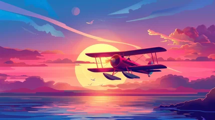 Poster A red plane flies over the sea at sunset. Parallax modern background ready for 2D animation with a cartoon illustration of a landscape with a lake, the sun on the horizon, and a biplane above the © Mark
