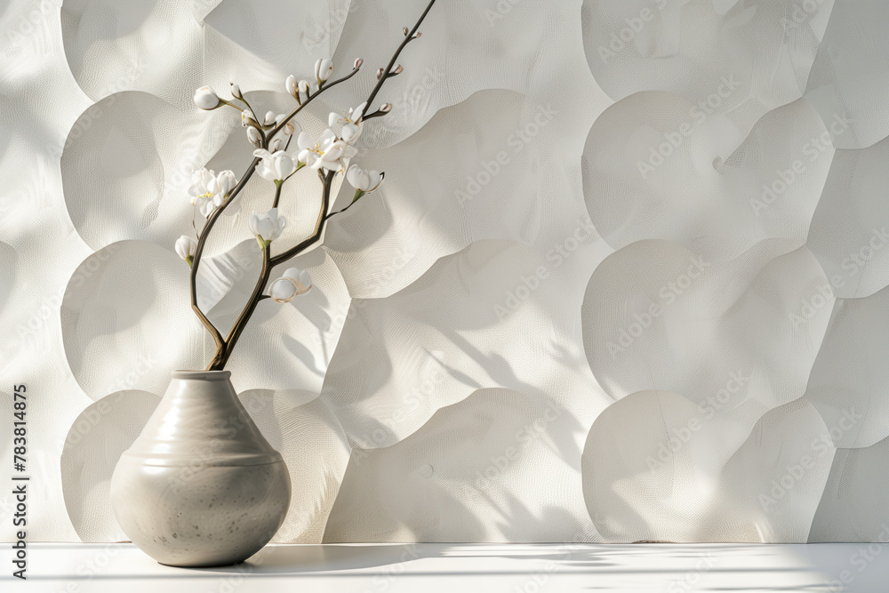 Poster an elegant blossom branch in a vase and a minimalist 3d pattern in the background. created with gene