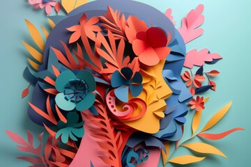 woman head, paper illustration, multi dimensional colorful paper cut craft  - 783814830
