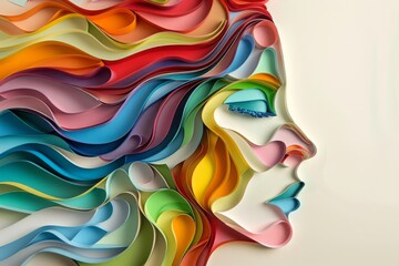 woman head, paper illustration, multi dimensional colorful paper cut craft  - 783814851