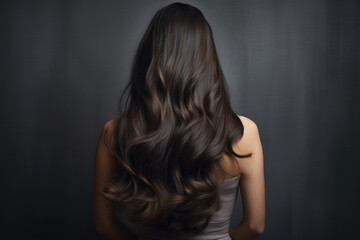 Back view of beautiful woman with long brown wavy hair on a dark gray studio background. - obrazy, fototapety, plakaty