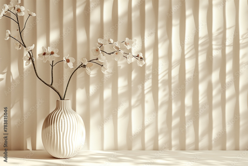 Poster an elegant blossom branch in a vase and a minimalist 3d pattern in the background. created with gene