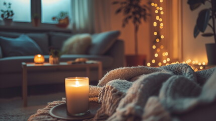 Naklejka premium Cozy Hygge Lifestyle: Comfortable home interior with soft blankets and warm lighting