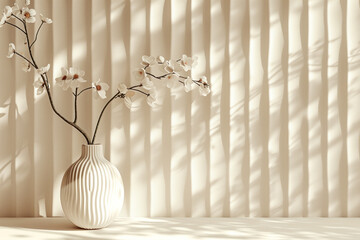An elegant blossom branch in a vase and a minimalist 3d pattern in the background. Created with Generative AI technology.