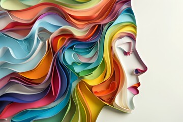 woman head, paper illustration, multi dimensional colorful paper cut craft  - 783815055