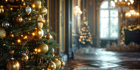 Festive Christmas tree adorned with elegant gold ornaments in a cozy room with warm lighting and holiday cheer - Powered by Adobe