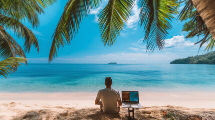 Fototapeta na wymiar Digital Nomad Lifestyle, Freelancer Working Remotely on Laptop From Tropical Beach Paradise