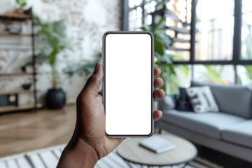 Augmented reality in interior design mockup. Close-up view of a black hand holding smartphone with transparent blank screen, ideal for digital AR design