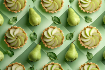 Green pear pattern with leaves and slice of pie on green background, fruit and dessert concept design - obrazy, fototapety, plakaty