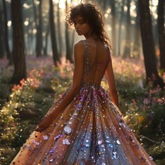 Capture a model in a whimsical, fairy-tale-inspired gown, complete with delicate pastel hues and sparkling embellishments, set against an enchanted forest backdrop on the runway. 