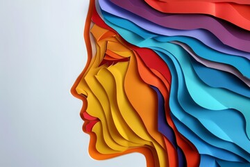 woman head, paper illustration, multi dimensional colorful paper cut craft 