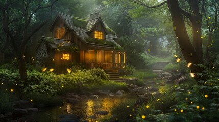 Fototapeta na wymiar Cozy Cabin Nestled Amongst Lush Greenery and Fireflies, Enchanting Forest Retreat
