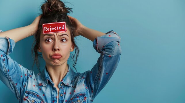 banner background National Ex-Spouse Day theme, and wide copy space, A funny image of a woman using a giant "Rejected" stamp on her ex-husband's forehead,