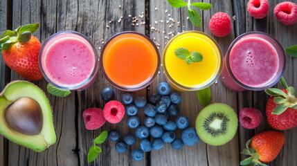 Refreshing fruit smoothies in vibrant colors on a wooden table, Healthy Refreshment