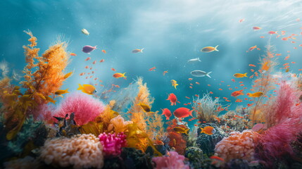 Fototapeta na wymiar Vibrant coral reef with colorful fish, thriving marine life, Healthy Ecosystem