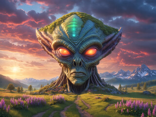 A giant alien head with glowing red eyes, standing in a field with mountains in the background. The alien appears to be the focal point of the scene, surrounded by a grassy area with purple flowers. - obrazy, fototapety, plakaty