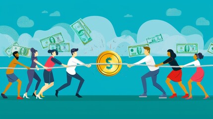 There are two teams pulling ropes with dollar golden coins with a tug of war theme for money. Modern flat illustration of two teams pulling ropes with dollar golden coins. - obrazy, fototapety, plakaty