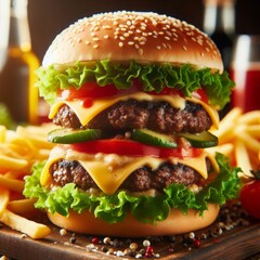 A mouthwatering close-up of a freshly prepared gourmet burger, stacked high with juicy beef patties, crisp lettuce, ripe tomatoes, and melted cheese, served with a side of golden fries