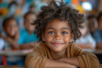 A smiling child with curly hair sits in classroom with peers blurred in background, evoking joy, innocence, and education