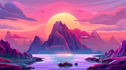 The dusk sun rays shine behind a rock peak over calm water pond in a cartoon background of a beautiful pink or purple cloudy sky and a backdrop of mountains landscape, nature view.