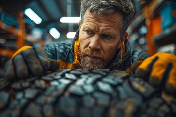 Obraz premium A focused mechanic in work attire closely examines tire tread, highlighting safety and attention to detail