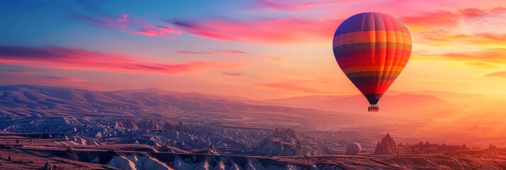 A rainbow-hued hot air balloon floats gracefully over the undulating terrain of Cappadocia Turkey...