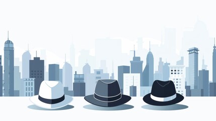 SEO black, white, and gray hats concept with men wearing different hats on a city background, modern illustration in contemporary style. - obrazy, fototapety, plakaty