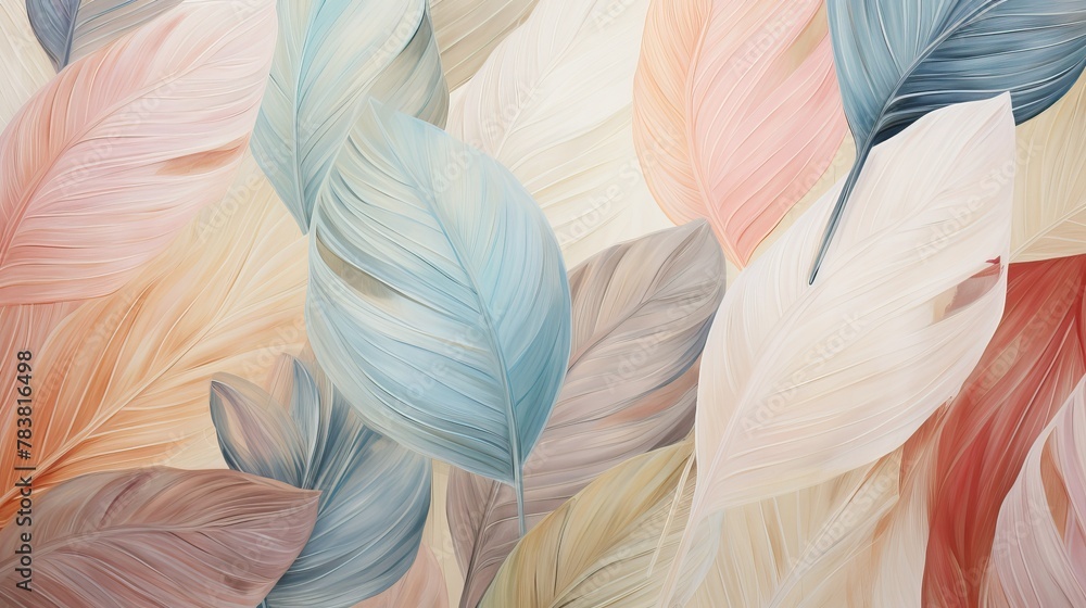 Poster detailed close-up of a painting depicting vibrant feathers in intricate detail on a canvas. generati