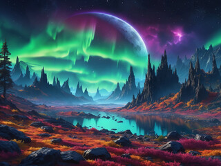 A beautiful landscape featuring a large body of water, a mountain range, and a colorful sky. The sky is filled with stars and a glowing aurora, which adds a unique element to the scene.