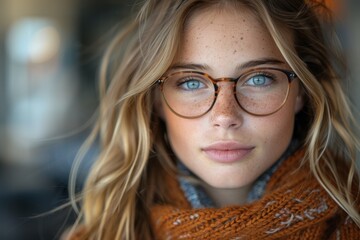 Close-up of a young lady with clear blue eyes, freckles, and round glasses looking directly at the camera