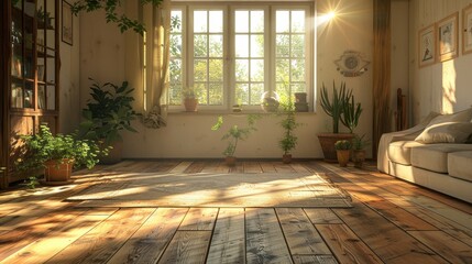 Craft a visual narrative of a cozy room with a rustic wooden floor